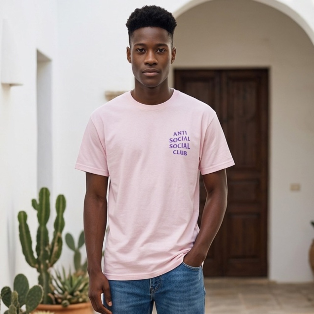 NWT Anti Social Social Club SZ S pale pink t-shirt w/blue & purple text/PTP 17”